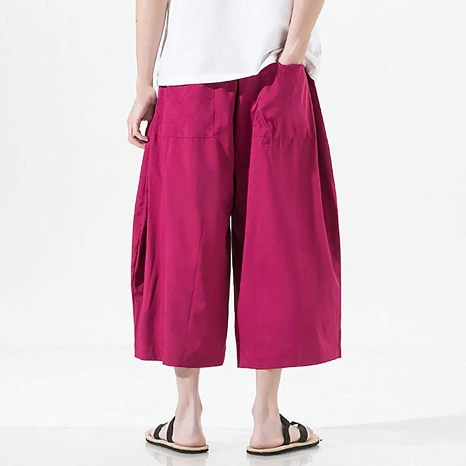Mens Summer Ice Silk Capri Harem Pants with Drawstring Wide Leg Loose Slacks Breathable Beach Yoga Hippie Casual Trousers
