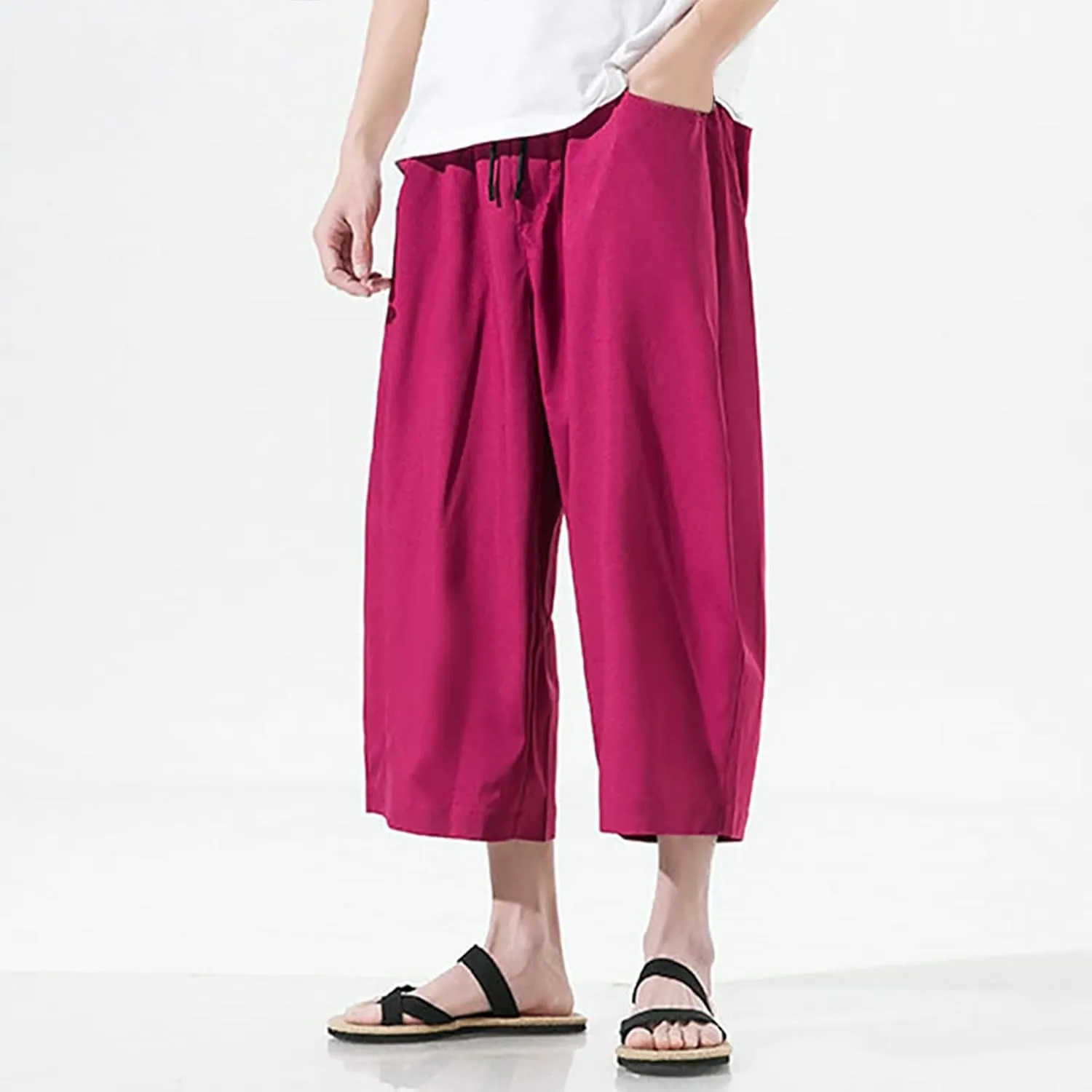 Mens Summer Ice Silk Capri Harem Pants with Drawstring Wide Leg Loose Slacks Breathable Beach Yoga Hippie Casual Trousers