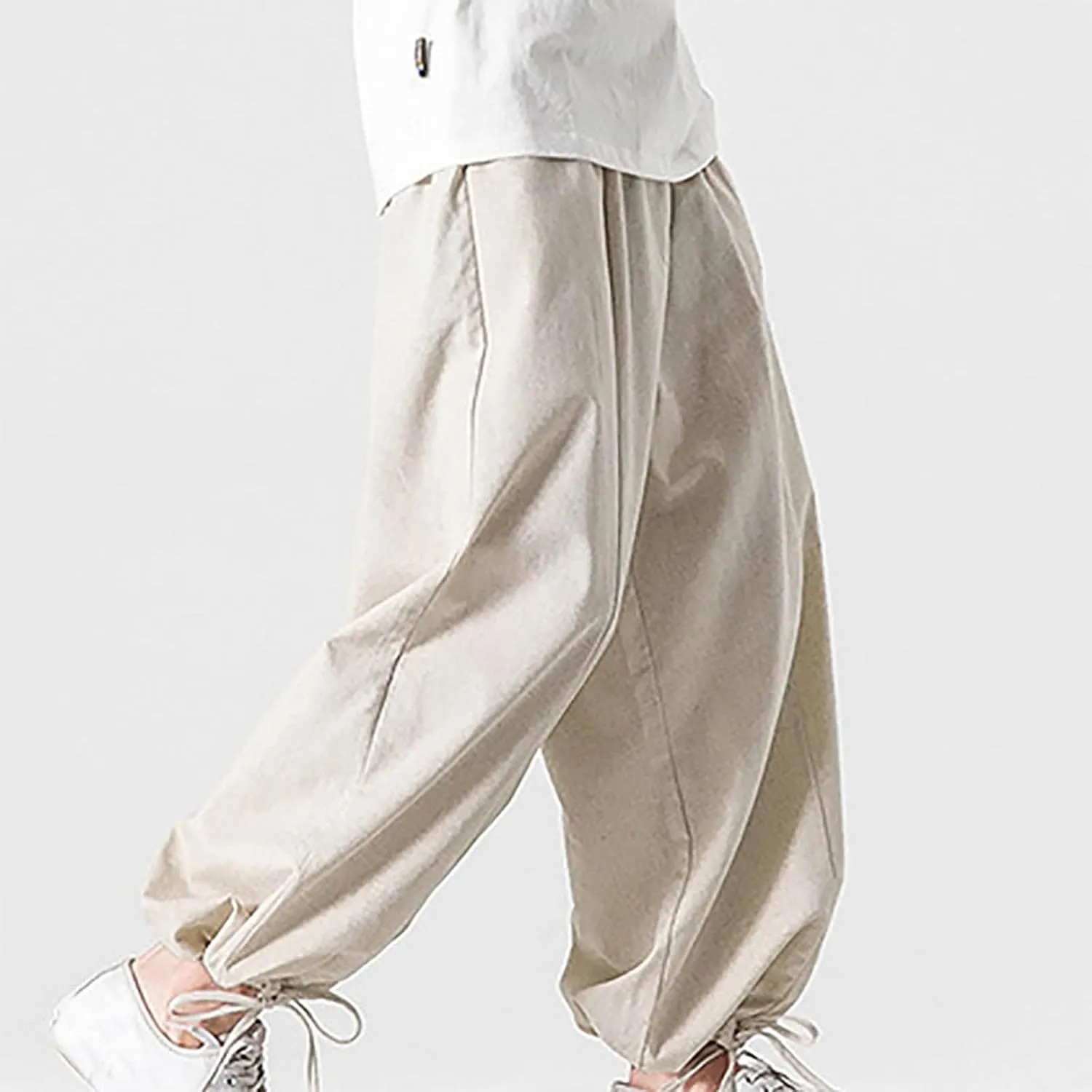 Mens Summer Linen Cotton Harem Pants Wide Leg Baggy Drawstring Bloomers Fashion Straight Leg Japanese Style Casual Trousers
