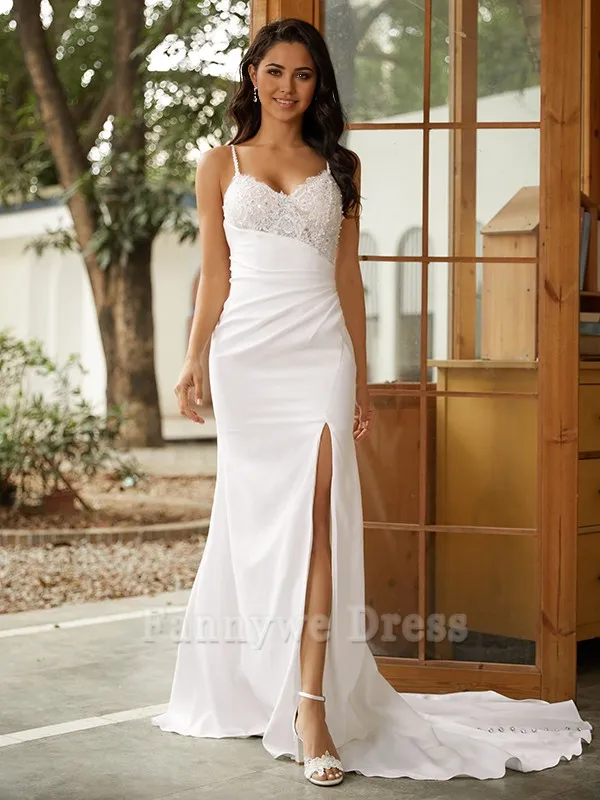 Mermaid V-neck Spaghetti Straps Sleeveless Lace Train formal dresses evening gown Prom Dress Wedding Dresses