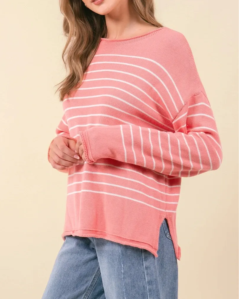 Mila Wide Neck Striped Sweater- Pink