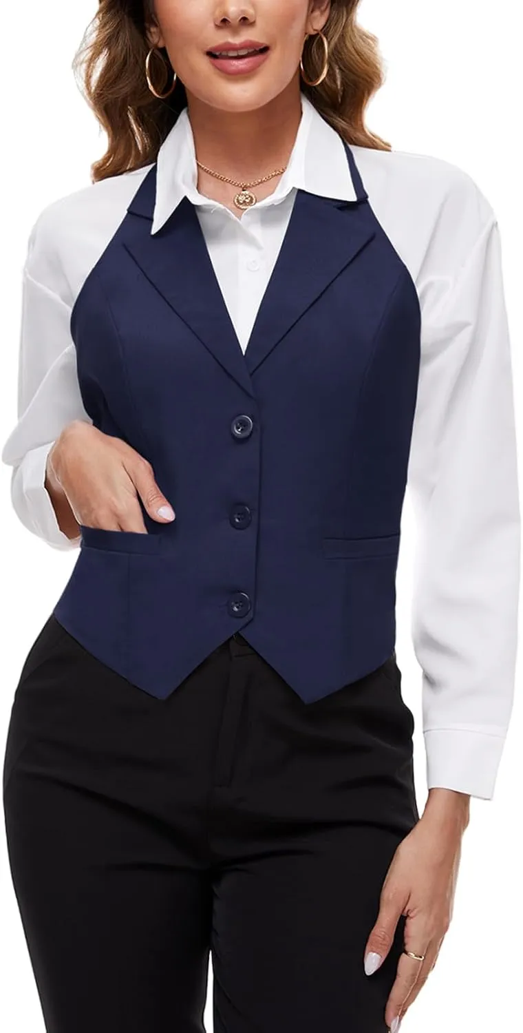 MINTLIMIT Womens Halter Neck Vest Notch Lapel Button Front Waistcoat Vintage Dressy Crop Tuxedo Suit Vests with Pockets