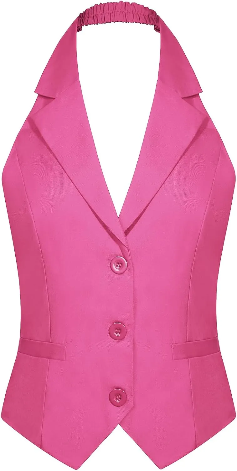 MINTLIMIT Womens Halter Neck Vest Notch Lapel Button Front Waistcoat Vintage Dressy Crop Tuxedo Suit Vests with Pockets