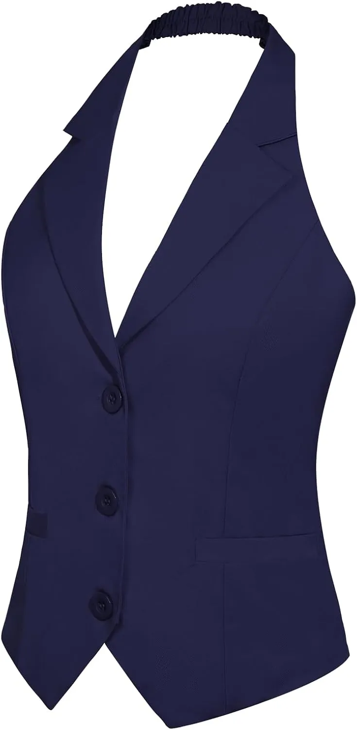 MINTLIMIT Womens Halter Neck Vest Notch Lapel Button Front Waistcoat Vintage Dressy Crop Tuxedo Suit Vests with Pockets