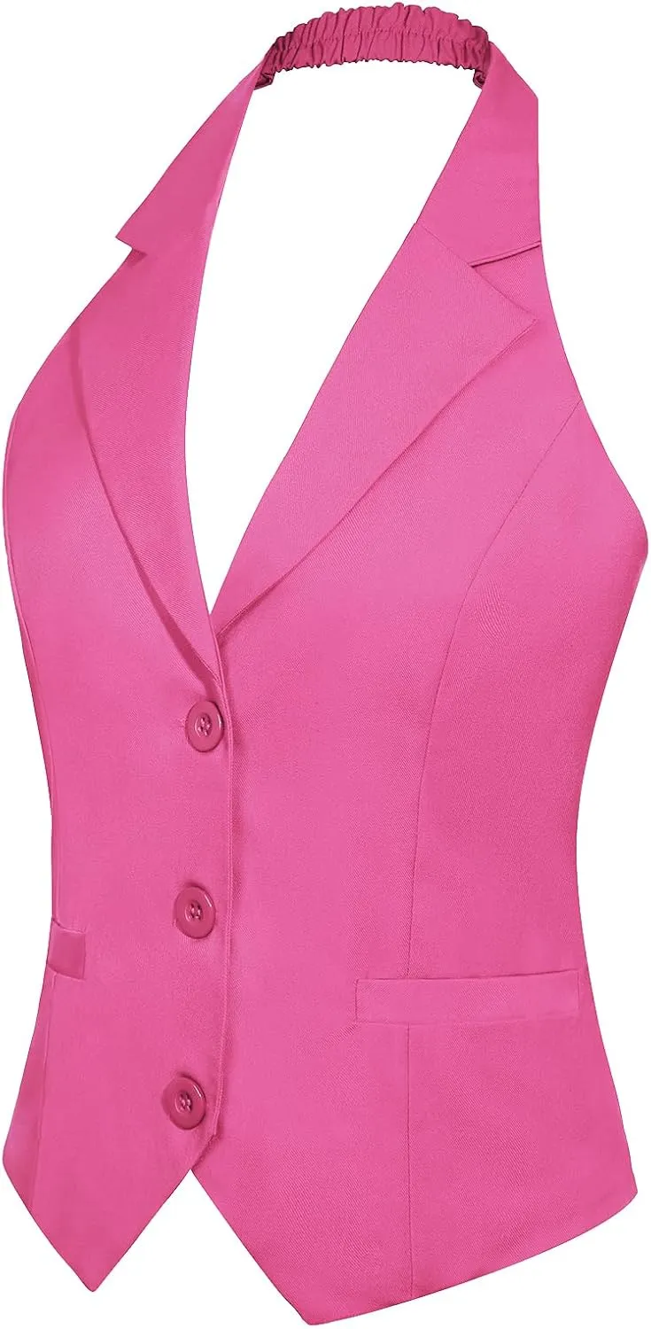 MINTLIMIT Womens Halter Neck Vest Notch Lapel Button Front Waistcoat Vintage Dressy Crop Tuxedo Suit Vests with Pockets