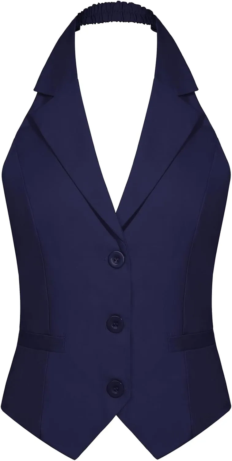 MINTLIMIT Womens Halter Neck Vest Notch Lapel Button Front Waistcoat Vintage Dressy Crop Tuxedo Suit Vests with Pockets