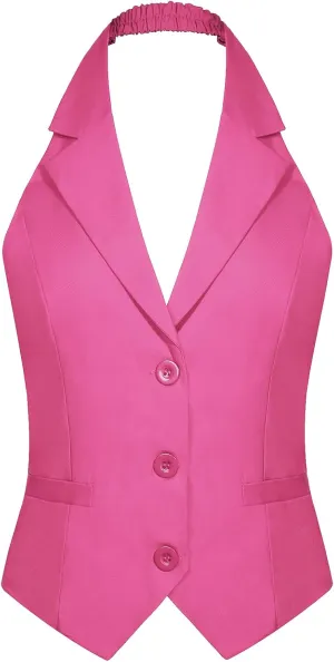 MINTLIMIT Womens Halter Neck Vest Notch Lapel Button Front Waistcoat Vintage Dressy Crop Tuxedo Suit Vests with Pockets