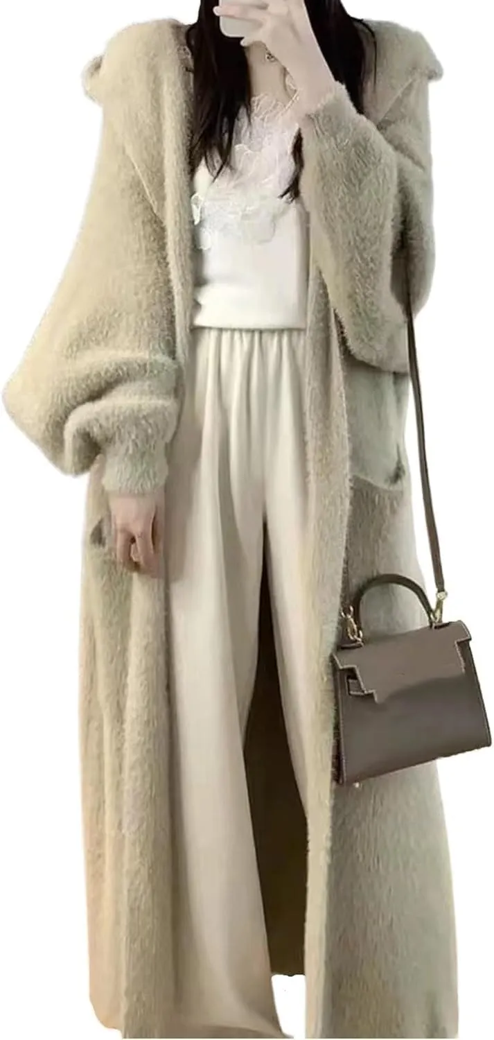 MOLERFO Long Fuzzy Cardigan Hooded Soft Cozy Warm Trendy Oversized Open Front Mohair Sweaters Women Coquette Loungewear