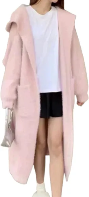 MOLERFO Long Fuzzy Cardigan Hooded Soft Cozy Warm Trendy Oversized Open Front Mohair Sweaters Women Coquette Loungewear