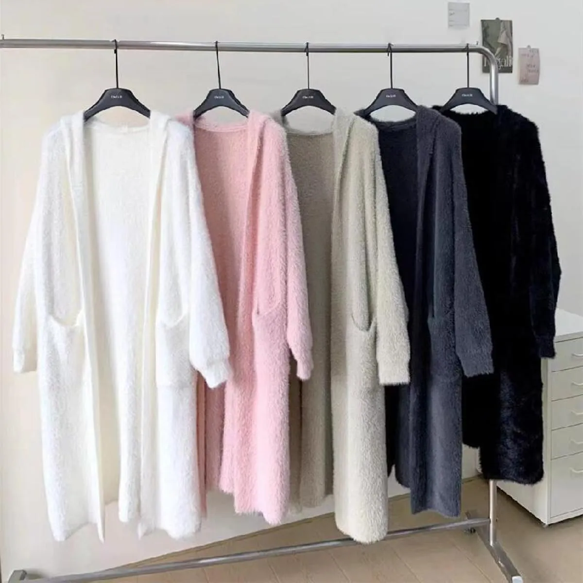 MOLERFO Long Fuzzy Cardigan Hooded Soft Cozy Warm Trendy Oversized Open Front Mohair Sweaters Women Coquette Loungewear