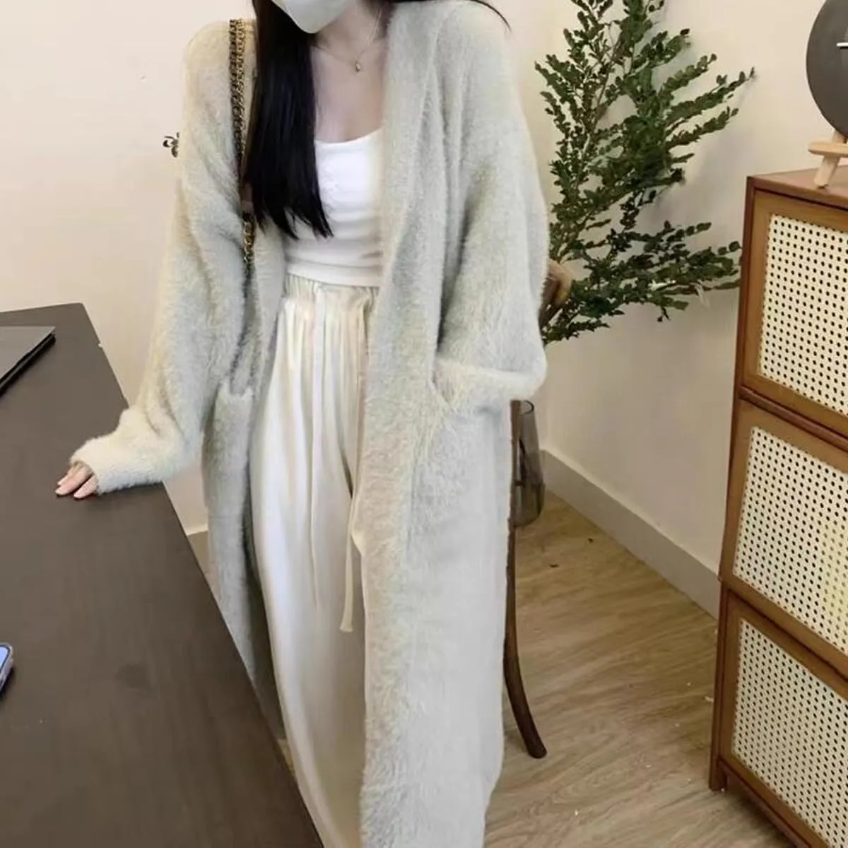 MOLERFO Long Fuzzy Cardigan Hooded Soft Cozy Warm Trendy Oversized Open Front Mohair Sweaters Women Coquette Loungewear