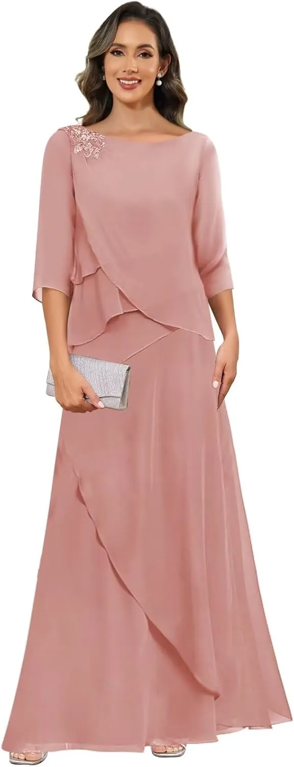 Mother of The Bride Dresses for Wedding Chiffon A Line Long Evening Dresses with Sleeves