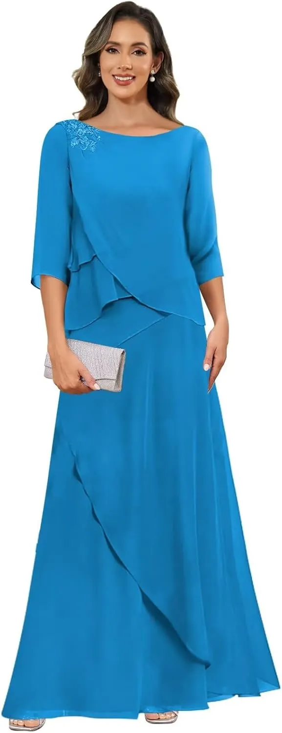 Mother of The Bride Dresses for Wedding Chiffon A Line Long Evening Dresses with Sleeves