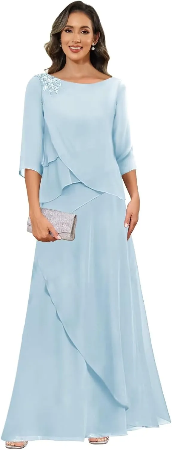 Mother of The Bride Dresses for Wedding Chiffon A Line Long Evening Dresses with Sleeves