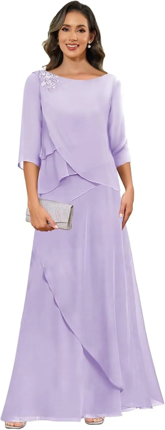 Mother of The Bride Dresses for Wedding Chiffon A Line Long Evening Dresses with Sleeves