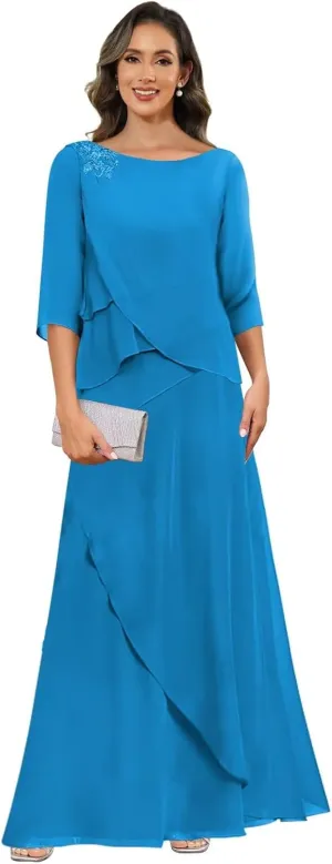 Mother of The Bride Dresses for Wedding Chiffon A Line Long Evening Dresses with Sleeves