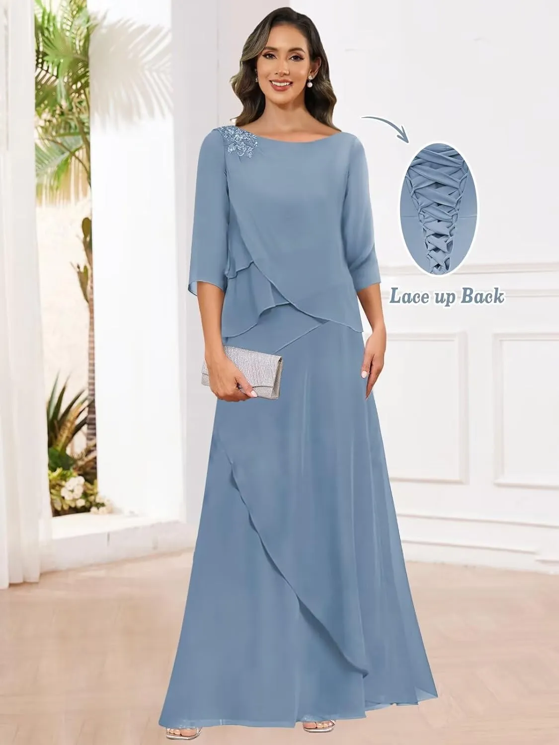 Mother of The Bride Dresses for Wedding Chiffon A Line Long Evening Dresses with Sleeves
