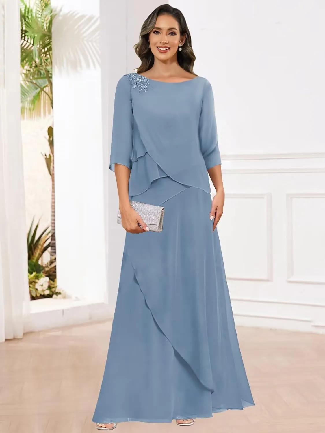 Mother of The Bride Dresses for Wedding Chiffon A Line Long Evening Dresses with Sleeves