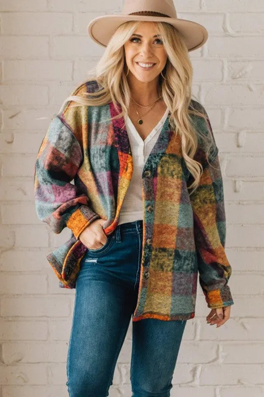 Mustard Red plaid button Shacket Cardigan Sweater | Casual Polyester Cardigan