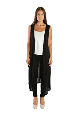 Nelly Aura Open Duster Sleeveless Long Cardigan Vest w/ Pockets - Black - 1X