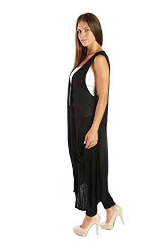 Nelly Aura Open Duster Sleeveless Long Cardigan Vest w/ Pockets - Black - 1X