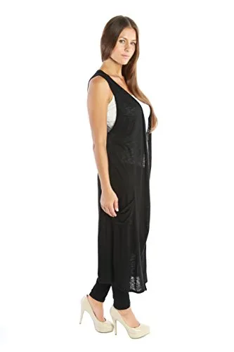 Nelly Aura Open Duster Sleeveless Long Cardigan Vest w/ Pockets - Black - 1X