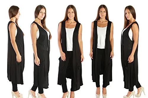 Nelly Aura Open Duster Sleeveless Long Cardigan Vest w/ Pockets - Black - 1X