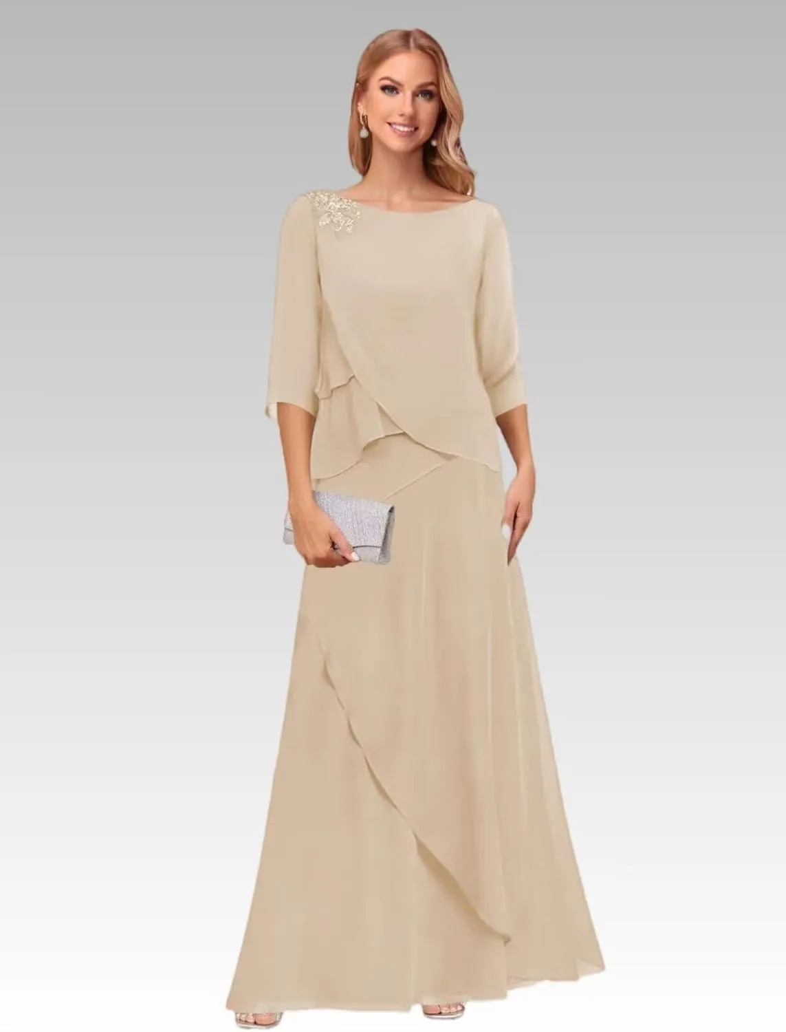 Noras dress Tiered Mother of The Bride Dresses for Wedding with Sleeves Long Formal Evening Dress NO294
