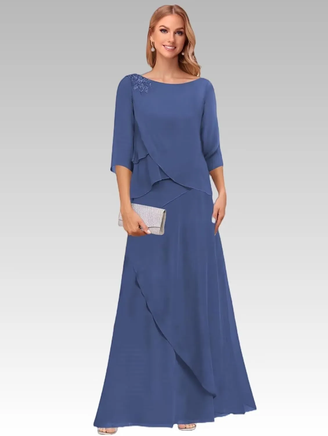Noras dress Tiered Mother of The Bride Dresses for Wedding with Sleeves Long Formal Evening Dress NO294