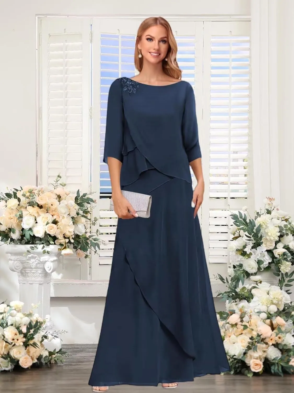 Noras dress Tiered Mother of The Bride Dresses for Wedding with Sleeves Long Formal Evening Dress NO294