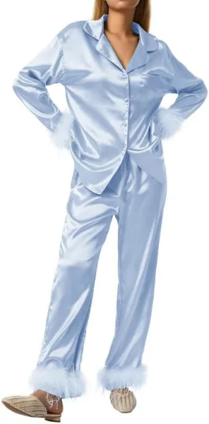 NUFIWI Women 2 Pieces Satin Pajamas Sets Solid Feather Trim Long Sleeve Button Down Shirt Pants 2Pcs Xmas Loungewear