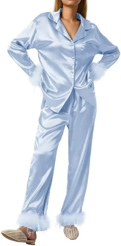 NUFIWI Women 2 Pieces Satin Pajamas Sets Solid Feather Trim Long Sleeve Button Down Shirt Pants 2Pcs Xmas Loungewear