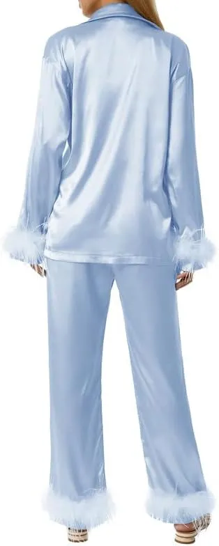 NUFIWI Women 2 Pieces Satin Pajamas Sets Solid Feather Trim Long Sleeve Button Down Shirt Pants 2Pcs Xmas Loungewear