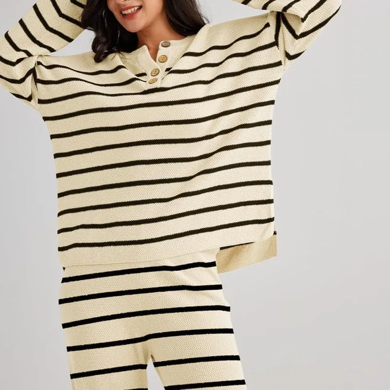 NUFIWI Women Striped Two Pieces Sweater Suits Casual Long Sleeve Sweater with Knit Stripes Pants 2023 Fall Loungewear Sets