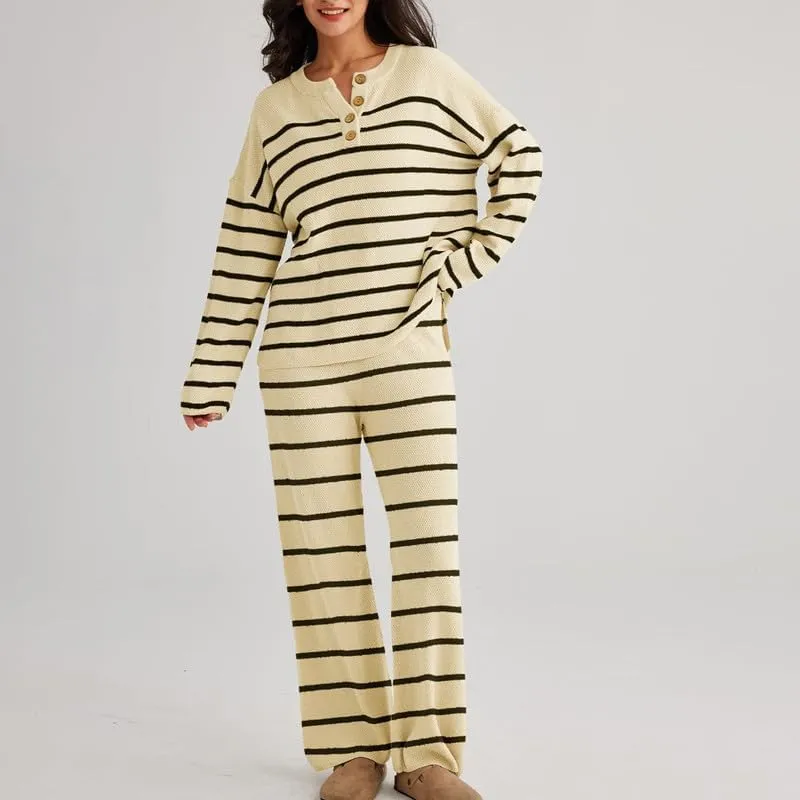 NUFIWI Women Striped Two Pieces Sweater Suits Casual Long Sleeve Sweater with Knit Stripes Pants 2023 Fall Loungewear Sets