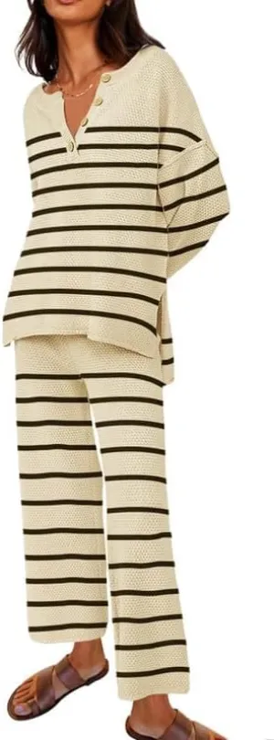 NUFIWI Women Striped Two Pieces Sweater Suits Casual Long Sleeve Sweater with Knit Stripes Pants 2023 Fall Loungewear Sets