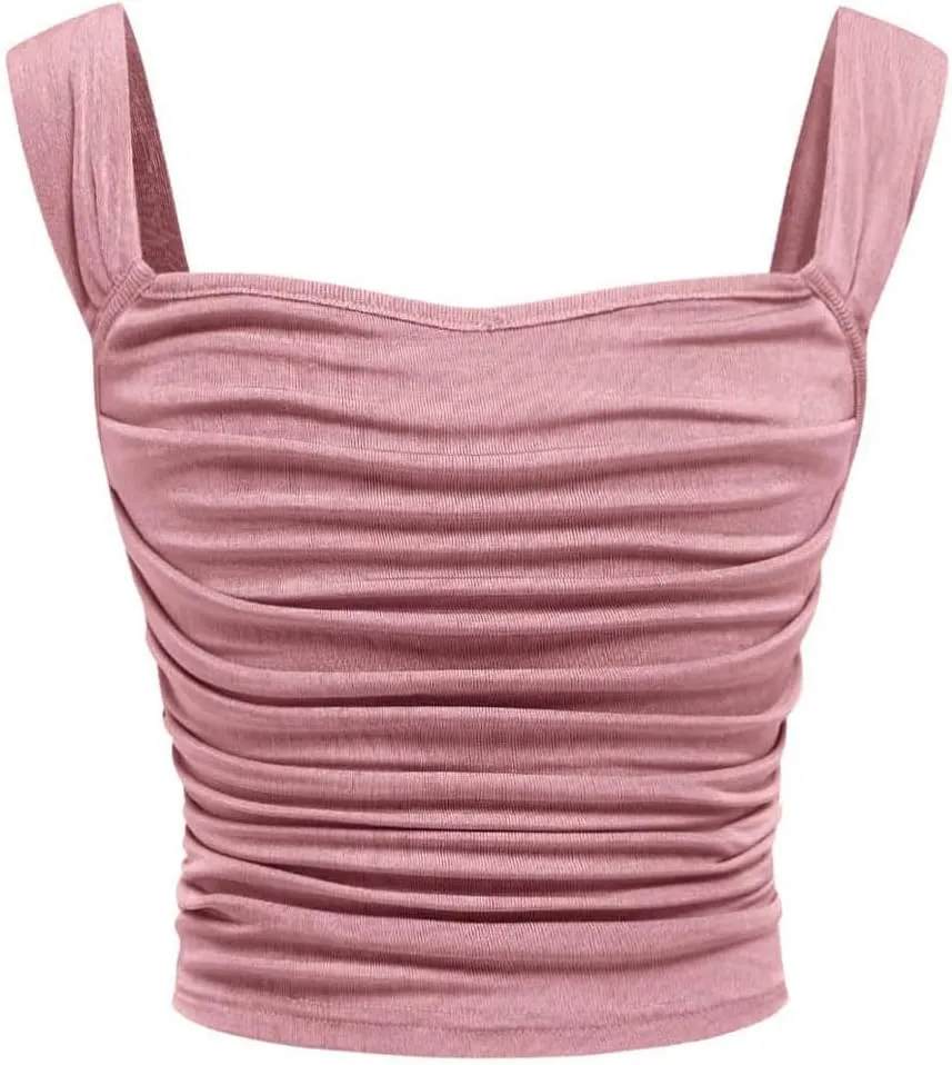 OYOANGLE Girl's Sleeveless Square Neck Wide Straps Ruched Tank Top Solid Slim Fit Crop Tops