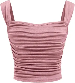 OYOANGLE Girl's Sleeveless Square Neck Wide Straps Ruched Tank Top Solid Slim Fit Crop Tops