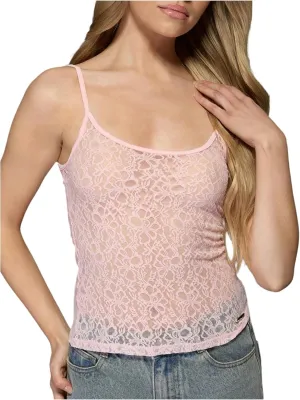 OYOANGLE Women's Lace Sheer Scoop Neck Cami Top Spaghetti Strap Tank Tops Slim Fitted Camisole