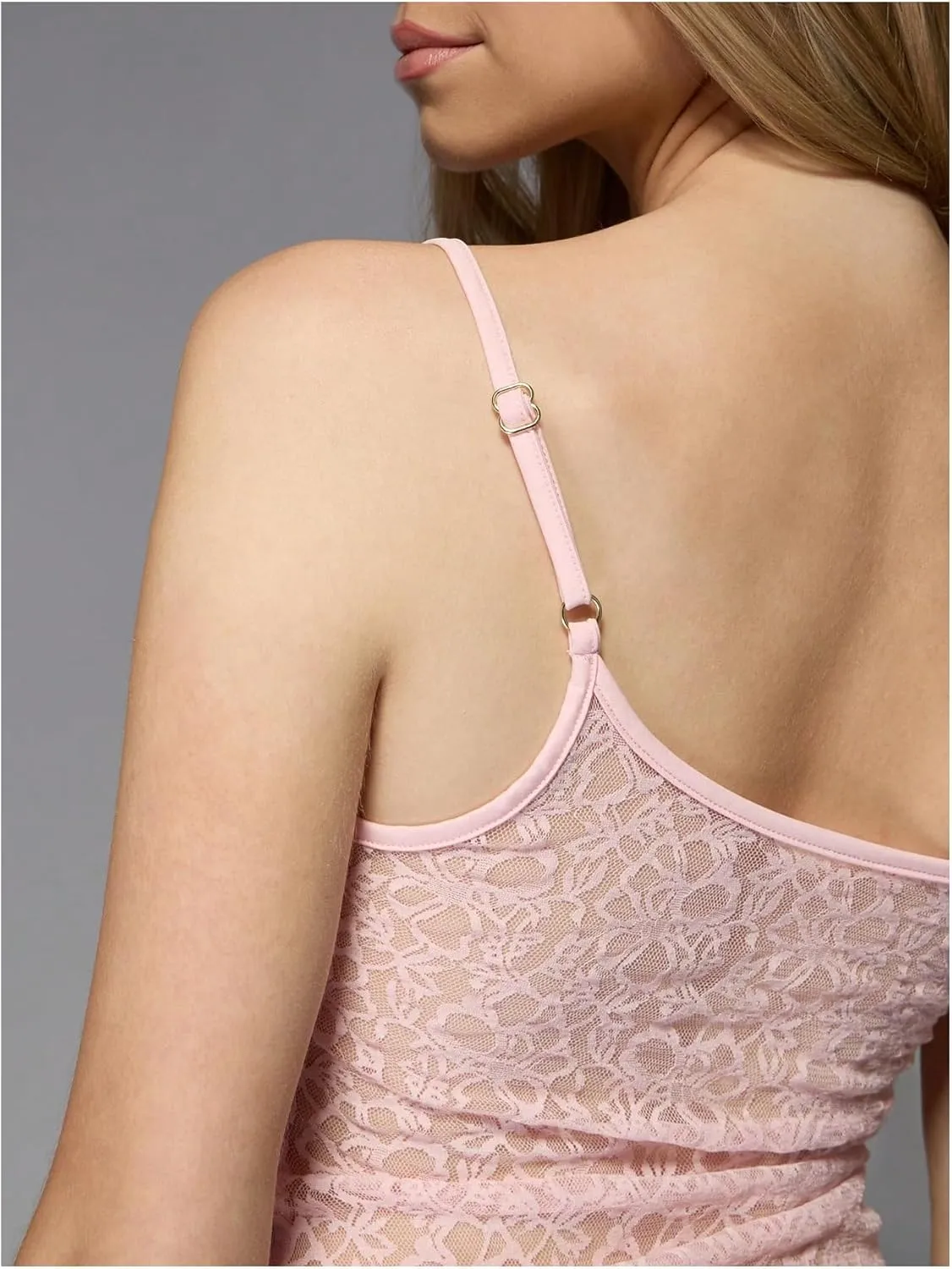 OYOANGLE Women's Lace Sheer Scoop Neck Cami Top Spaghetti Strap Tank Tops Slim Fitted Camisole