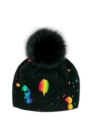 Paint Splash Knit Hat Fox Pom