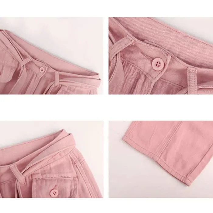 Pink Love Heart Print Crop Top T-Shirt Pink Cargo Pants
