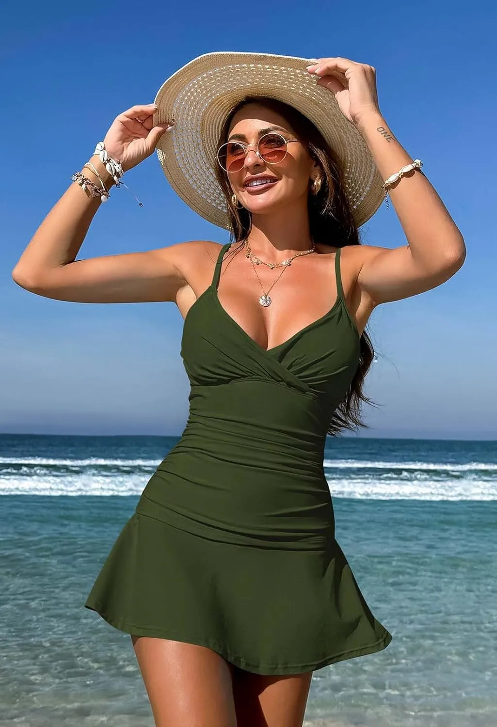 Pink Queen Women's Tankini Swimsuit 2 Piece Tummy Control Bathing Suit Ruched Tankini Tops with Swim Skirt Swimwear