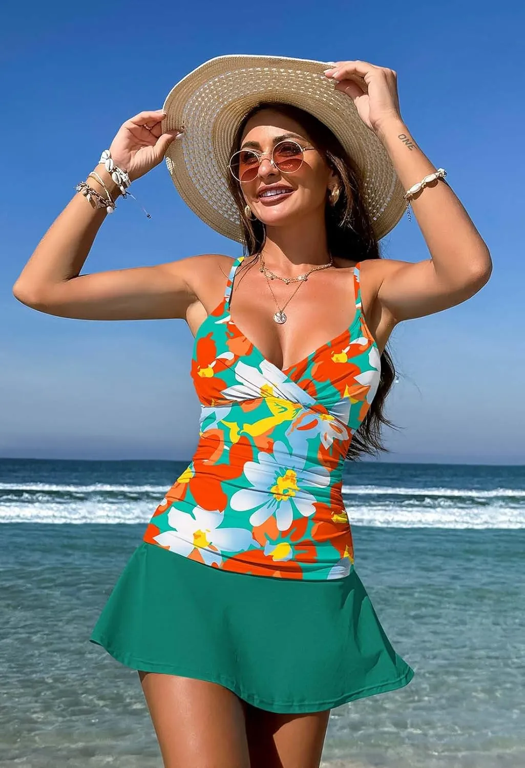 Pink Queen Women's Tankini Swimsuit 2 Piece Tummy Control Bathing Suit Ruched Tankini Tops with Swim Skirt Swimwear