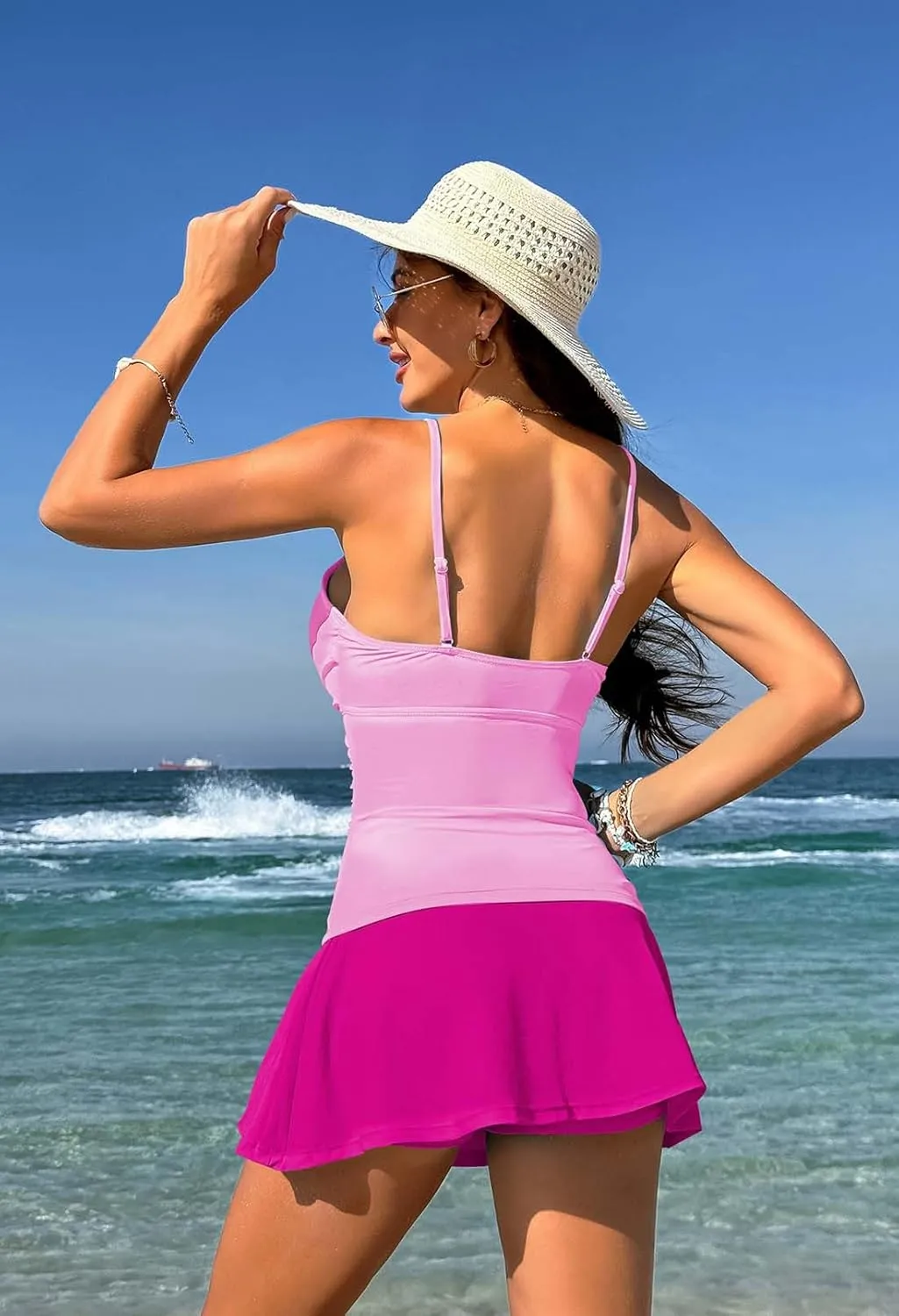 Pink Queen Women's Tankini Swimsuit 2 Piece Tummy Control Bathing Suit Ruched Tankini Tops with Swim Skirt Swimwear