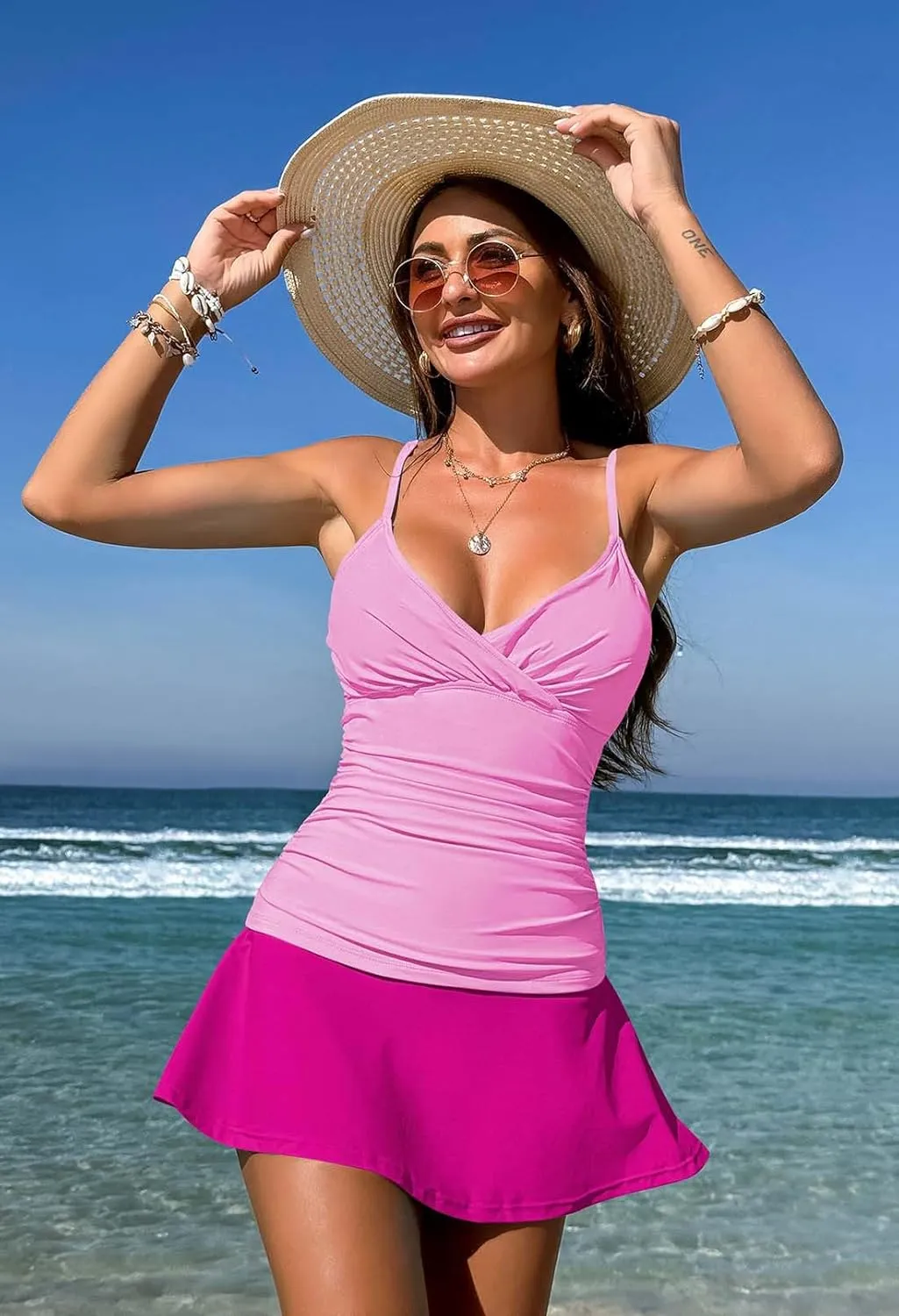 Pink Queen Women's Tankini Swimsuit 2 Piece Tummy Control Bathing Suit Ruched Tankini Tops with Swim Skirt Swimwear