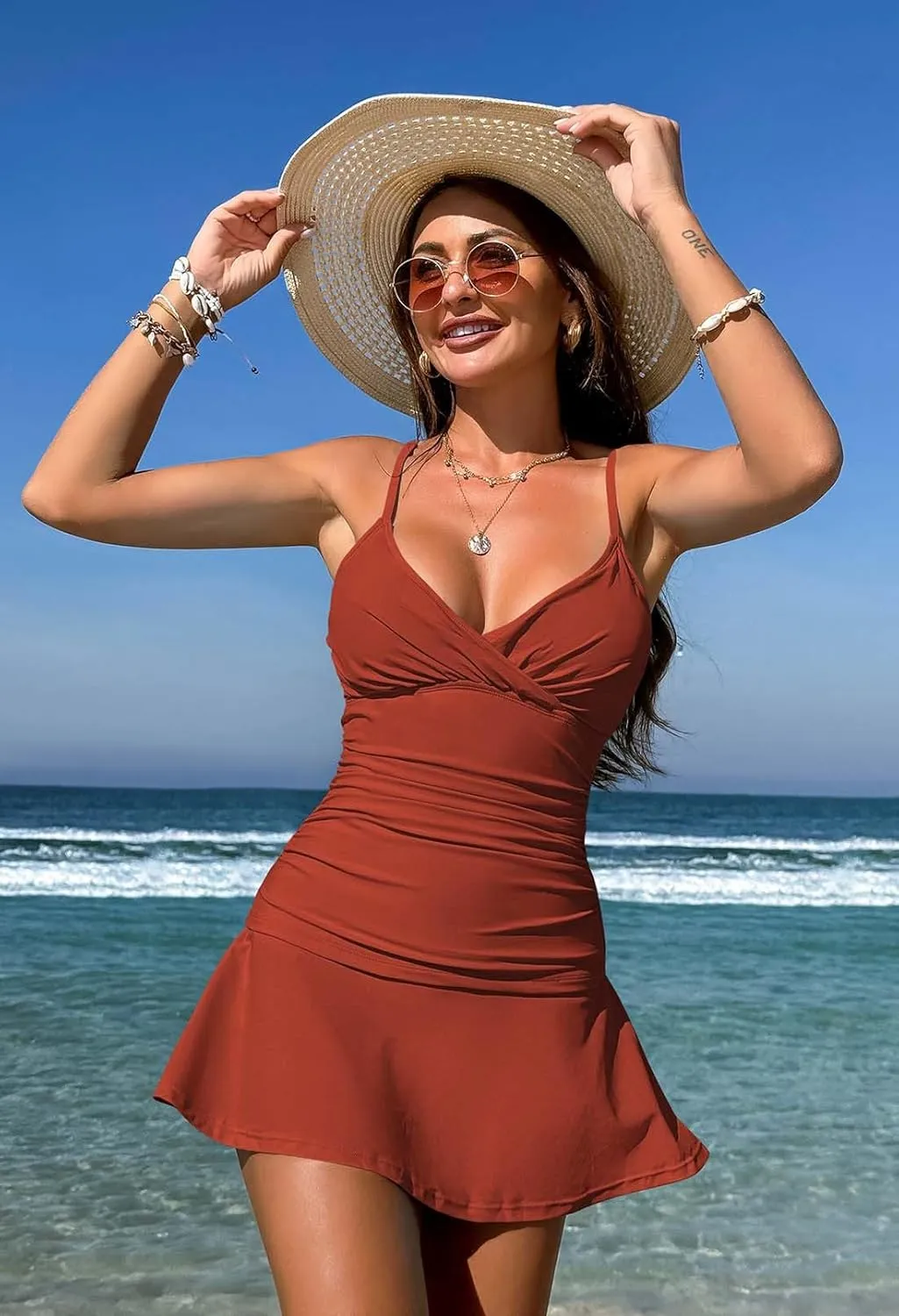 Pink Queen Women's Tankini Swimsuit 2 Piece Tummy Control Bathing Suit Ruched Tankini Tops with Swim Skirt Swimwear