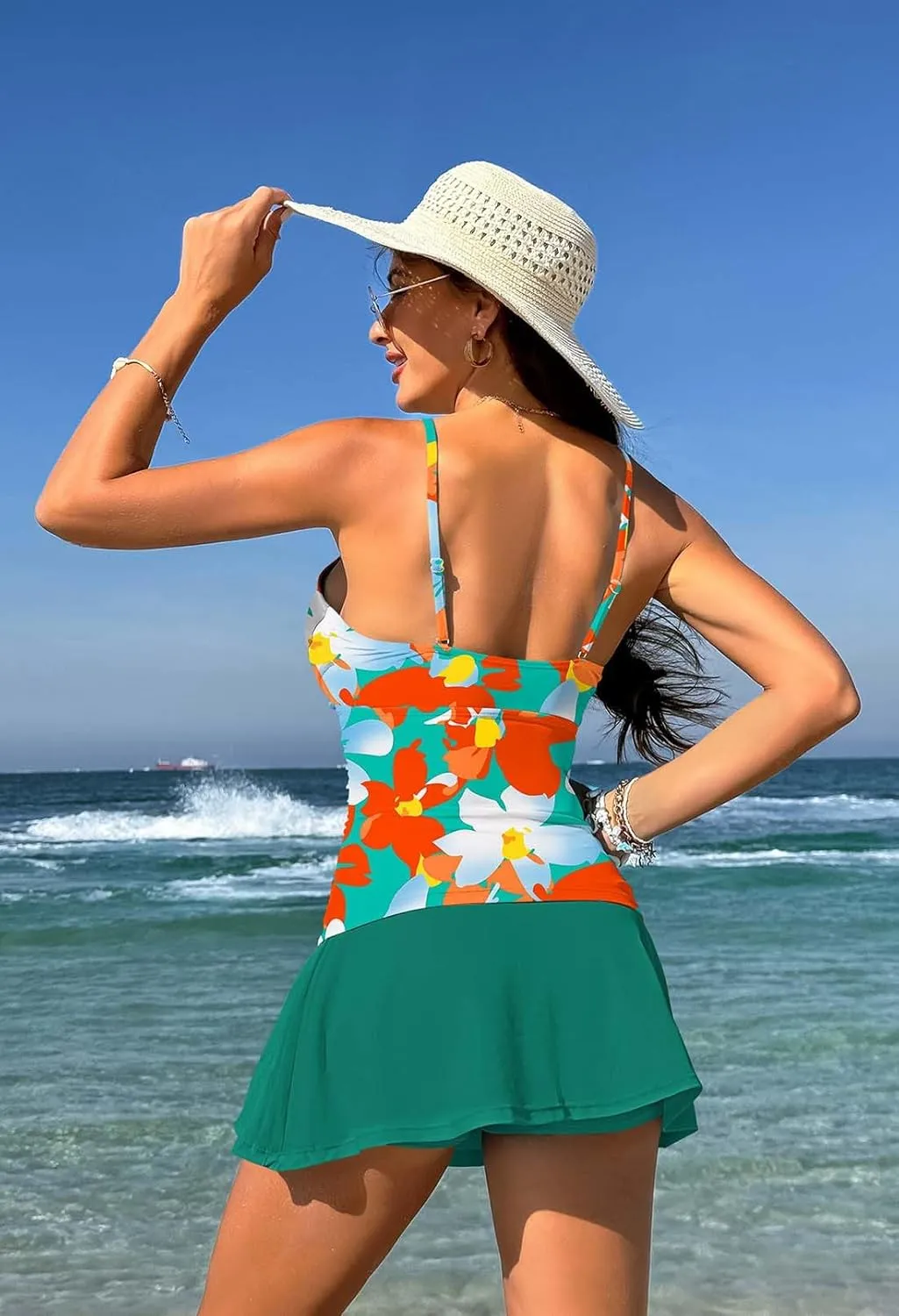 Pink Queen Women's Tankini Swimsuit 2 Piece Tummy Control Bathing Suit Ruched Tankini Tops with Swim Skirt Swimwear
