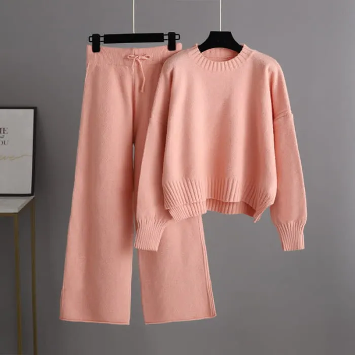 Pure Color Knit Sweater Wide Leg Pants Set
