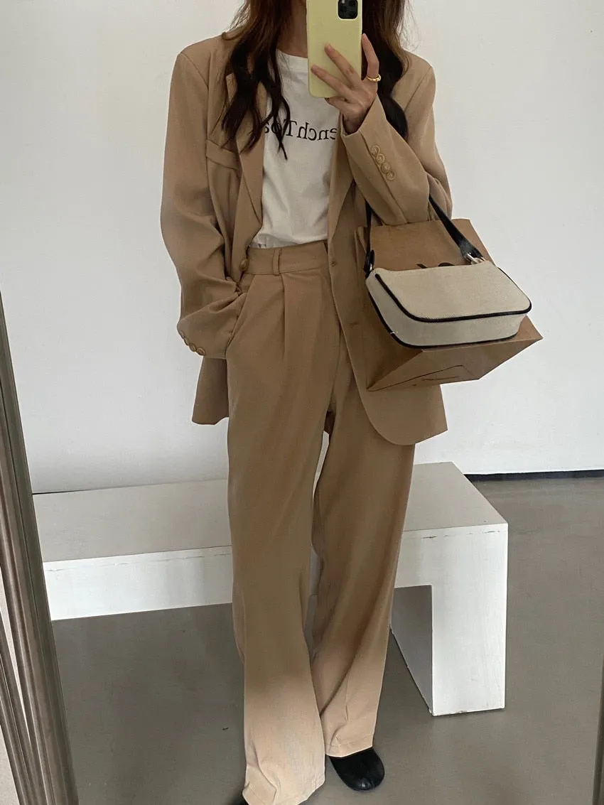 Purpdrank - New Fashion Vintage Blazer Pants Suit OL Elegant Business Wear Blazers   High Waist Wide Leg Pants Suits 2 Piece Set
